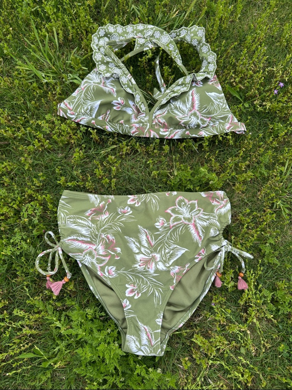 Olive Floral Tie-Side High-Waist Bikini